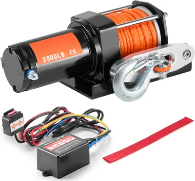 A black electric winch with an orange synthetic rope and a silver hook, along with its accessories, is displayed against a white background.