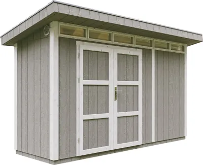 Imagen del producto de Casa de jardín de alta calidad, 4,3 m², con suelo y tejas de betún. Cobertizo para herramientas, dimensiones: 161 cm de ancho x 411 cm de largo x 239 cm de alto. Cabaña de jardín TIMBELA modelo M902A, color gris tundra