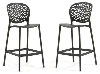 Image de Lot de 2 tabourets de bar d'extérieur empilables, en polypropylène renforcé de fibre de verre, avec dossier ajouré et repose-pieds, pour jardin, bar, cuisine ou terrasse – Linda XL – Noir