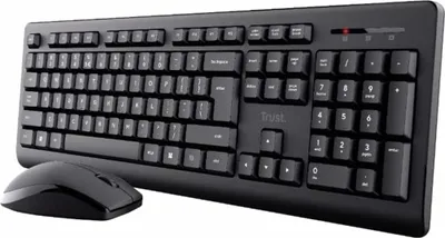 A black wireless keyboard and mouse set is shown from a diagonal angle on a light gray background.