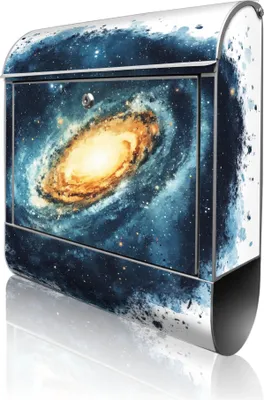 Produktbild von banjado Design Briefkasten Stahl silber mit Zeitungsfach pulverbeschichtet "Galaktische Explosion" 38x46x12,5cm & 2 Schlüssel - Postkasten A4 Einwurf inkl. Montagematerial [BK 13178]