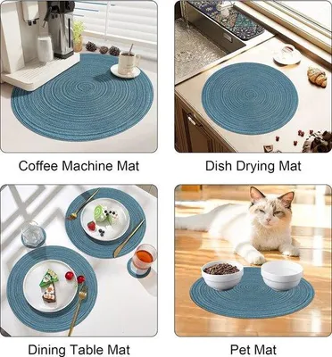 Produktbild von Kleiderbügel für 38 cm, runde Tischdecken, Set aus 6 Stück, spülmaschinengeeignet, hitzebeständig, gewebt, antislip, für Küche, Esszimmer, blau