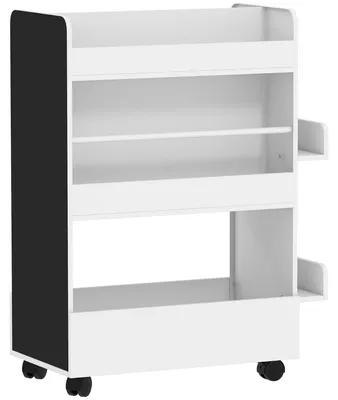 Obrázok produktu pre Polica na detské knihy s 4 policami a tabuľou na písanie kriedou | Farba: biela | Rozmery: 66,5 x 32,5 x 86,5 cm