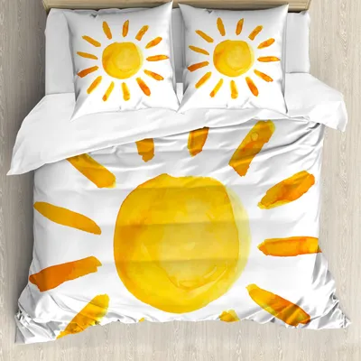 Produktbild von ABAKUHAUS Grunge Bettbezug Set, Sun Bild Childish Aquarell Pinsel Malerei Stil Kinder Kinderzimmer Spielzimmer Bild, 200 x 200 cm + 80 x 80 cm, Gelb