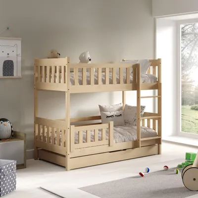 A child's bedroom with a wooden bunk bed, toys, and a window view.