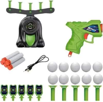 Produktbild von Schießspiel Set mit 10 schwebenden 10 Styroporkugeln, Spielzeugpistole mit Schaumstoffpfeilen, Kinder Zielspiel - FLOATPOP