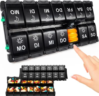 Image de Pilulier 7 jours pilulier 2x par jour boîte à médicaments 14 compartiments huile de poisson noir