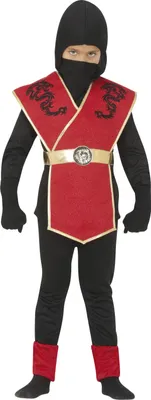 Immagine prodotto di Costume da guerriero ninja per bambini Rosso Cappuccio Nero Gilet Set completo Avventura, Taglia: 128/134 Colore: Rosso