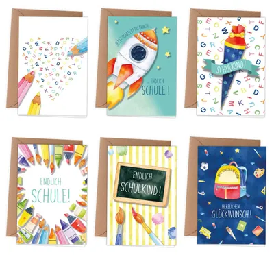 Productafbeelding van Set van 6 wenskaarten voor de eerste schooldag met enveloppen
