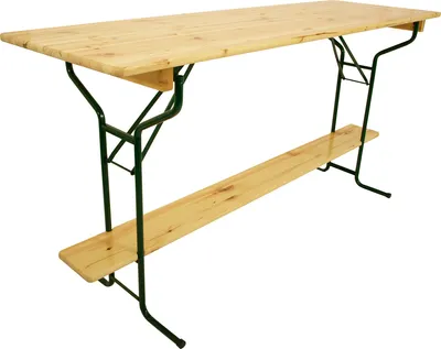 A wooden bar table with a metal frame and a footrest, shown against a white background.
