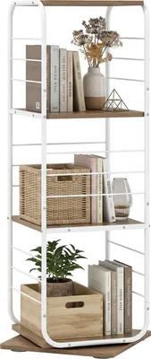 Produktbild von COSTWAY 4-stöckiges Bücherregal, 360° Standregal Bücherturm mit Metallrahmen, Büroregal, Dekoregal, Aufbewahrungsregal, Weiß und Natur, 40x40x115 cm