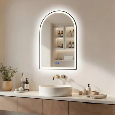 Obrázok produktu pre Kúpeľňové zrkadlo ARTFORMA LED, oblé, 60 x 90 cm, čierne matné, s dotykovým ovládaním a ochranou proti zahmlievaniu