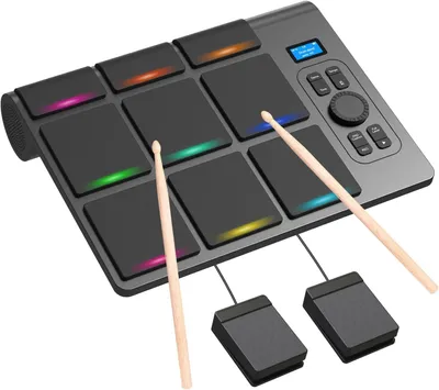 Immagine prodotto di Kit di batteria elettronica a 9 pad con display LCD, doppio altoparlante stereo e pedali. Kit di batteria portatile da tavolo, ideale per principianti e professionisti. Connessione Bluetooth MIDI