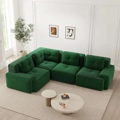 Produktbild von Modulares Ecksofa aus Cordstoff, 4 Sitzer Sofa grün, Rahmenloses Sofa für Wohnzimmer mit breiten Armlehnen, Kratzfest & Ohne Montage