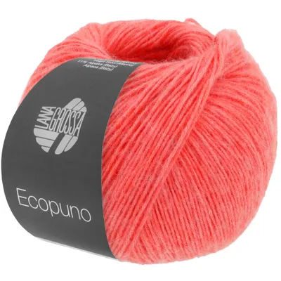 A ball of coral-colored yarn with a label.
