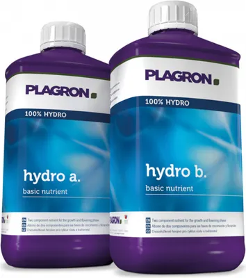 Two bottles of Plagron Hydro A and Hydro B nutrient solution are shown against a white background.
