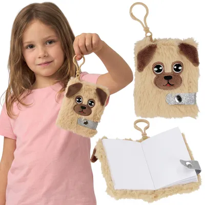 Produktbild von Hündchen-Plüsch-Schlüsselanhänger mit Mini-Notizbuch, unliniert, 2-in-1-Anhänger