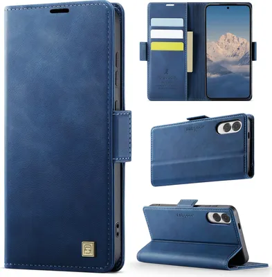 Image de Étui en cuir pour Samsung Galaxy S25 Edge, protection RFID, fermeture magnétique, fentes pour cartes et support Bleu