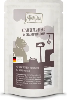 Produktbild von MjAMjAM Quetschie köstliches Pferd an gedämpftem Kürbis, Adult, jede Rasse, Pferd, 125 g, Getreidefrei, Ohne künstliche Farbstoffe