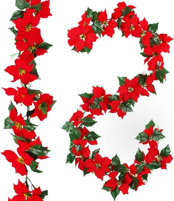 Productafbeelding van TRANKIELO® - Kunstmatige kerstster slinger 200 cm - Flexibel met rode bloemen en hulstbladeren - Perfect voor winterdecoratie