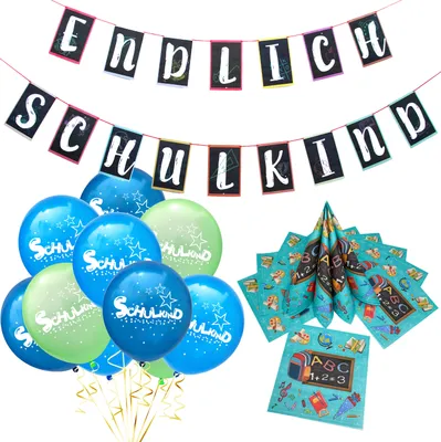 Produktbild von Oblique Unique Schuleinführung Schulanfang Einschulung Deko Set - Endlich Schulkind Girlande + Luftballons + Servietten