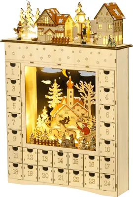 Image de HOMCOM Calendrier de l'Avent LED en forme de village enneigé avec 24 tiroirs décoration lumineuse de Noël - beige