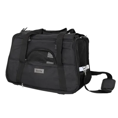 Immagine prodotto di borsa da trasporto per animali domestici lionto, sicura e confortevole, con finestre a rete, cuscino reclinabile e possibilità di trasporto, pieghevole e facile da pulire, nera