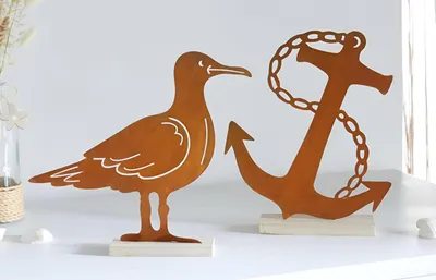 Produktbild von Dekofiguren "Anker & Möwe", maritime Deko aus Metall mit Rost Finish, Holzsockel, Sommerdeko Urlaub Meer Strand
