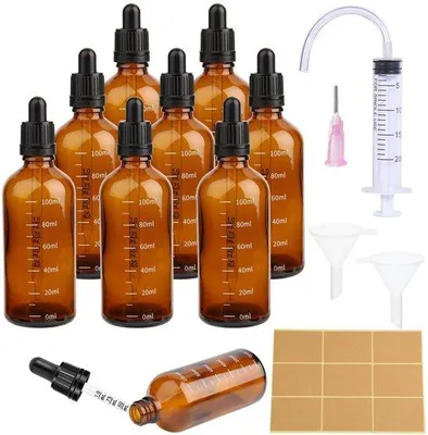 Produktbild von Gläserne Tropfenflaschen 100 ml mit Pipette - Set aus 8 mit Zubehör