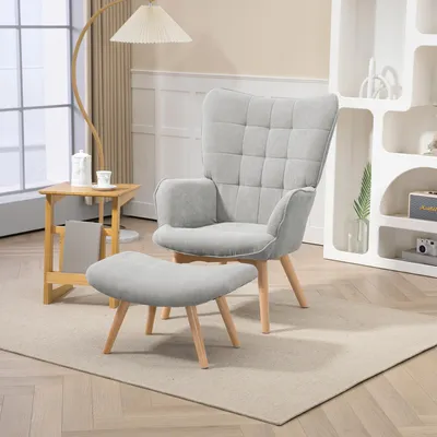 Produktbild von Akzentsessel mit Hocker, Ohrensessel Cord-Optik, Relaxsessel Buchenholzbeinen, Grau | 80x72x101 cm | 16 kg | Stahlrahmen