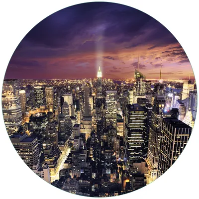 Produktbild von Wallario Premium Glasbild, freischwebende Optik, kräftige Farben, rund 50cm Durchmesser, Motiv New York bei Nacht - Panoramablick über die Stadt