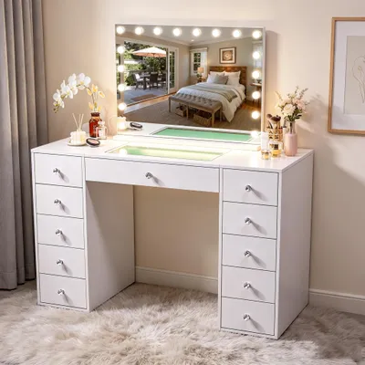 Obrázok produktu pre Toaletný stolík VANITII s LED zrkadlom a osvetlením, biely