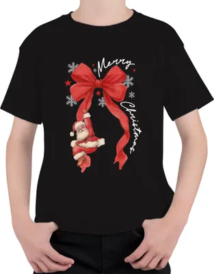Produktbild von Merry Christmas Weihnachtsmann rote Schleife Schneeflocken Uni Kinder T-Shirt, Schwarz, 152