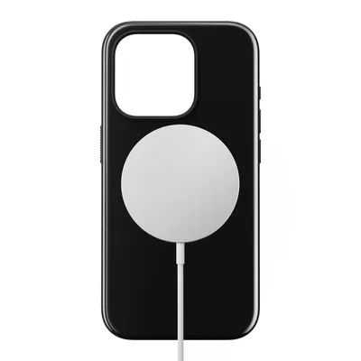 A black iPhone case with a white MagSafe charger attached, shown from the back.