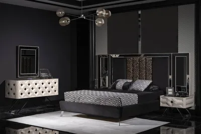 Produktbild von Schlafzimmer Komplettes Bett 2x Nachttische Kommode mit Spiegel Schwarz