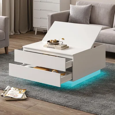 Produktbild von Radelldar Couchtisch Wohnzimmertisch, mit LED-Beleuchtung Beistelltisch mit 2 Schubladen und aufklappbarer Tischplatte, 78x78x40cm, Weiß