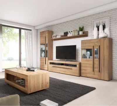 Produktbild von Wohnwand Eiche Grandson Nb. inkl. Beleuchtung und Couchtisch TURDA-83 moderner Stil mit Glas Einsätzen und Metallgriffen, B/H/T: ca. 320/204/50 cm