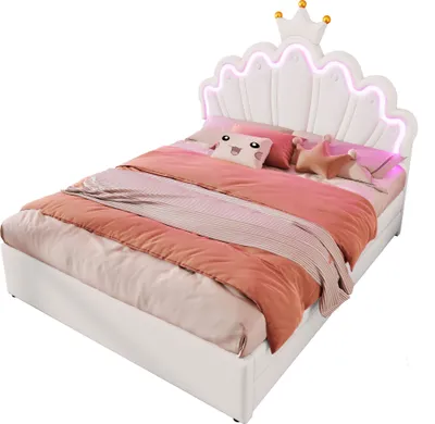 Produktbild von Abrihome Polsterbett Kinderbett 140x200 cm mit 2 Schubladen und LED-Licht-PU, Kronenförmiges Kopfteil, Weiß