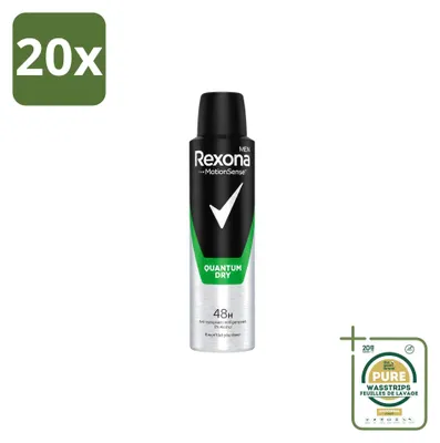 Imagen del producto de 20 aerosoles desodorantes Rexona Men Quantum Dry, 150 ml, pack de ahorro, 20 unidades