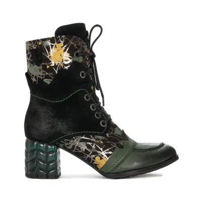 Produktbild von Stiefeletten aus grünem Vollnarbenleder, schwarzem Velours und Nubuk, 6 cm Blockabsatz