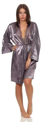 Produktbild von Damen Morgenmantel kurzer Kimono in Satin-Optik Spitze; Grau-Violett M