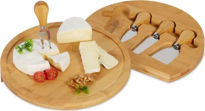 Image de Plateau à fromages en bambou avec couverts en 4 parties