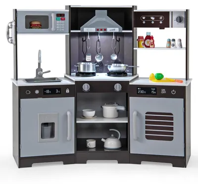 Productafbeelding van Houten kinderkooktoestel, speelkeuken met afzuigkap, spoelbak, kraan, magnetron en oven. Speelkeuken met licht en geluid. Houten keuken met accessoires, bruin