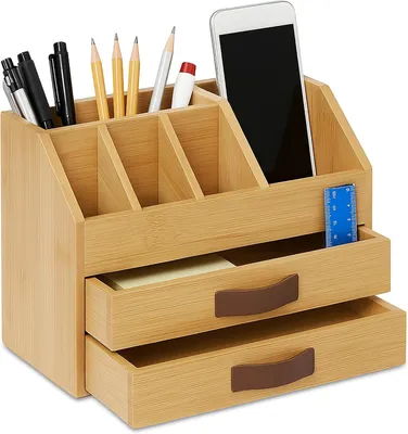 Immagine prodotto di Organizzatore da scrivania con cassetti e scomparti - Realizzato in bambù e ecopelle - Dimensioni: 19x24x14 cm - Colore: marrone naturale