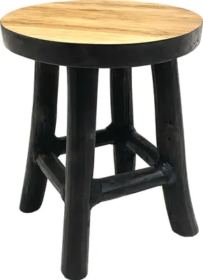 A small wooden stool with a light brown top and black legs, shown from a slightly elevated side angle.