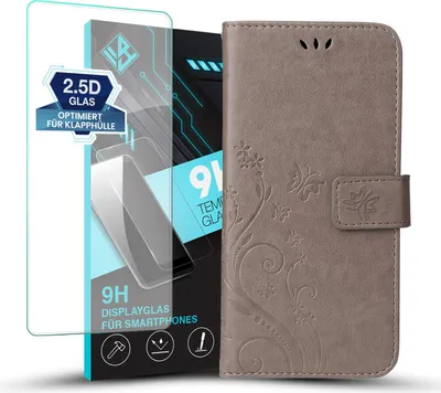 Produktbild von Handyhülle für Xiaomi Redmi 15 / 15 5G mit 9H Displayglas Floral Blumen Schmetterling Flip Cover Hülle Case Klapphülle Handytasche Farbe: Grau