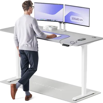 Image de Desktronic HomePro Bureau électrique réglable en hauteur 200x80cm blanc/gris avec fonction mémoire, technologie anti-collision, ports de charge USB-A et USB-C