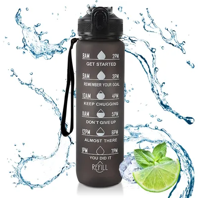 Produktbild von Trinkflasche 1 Liter Sport-Wasserflasche mit Strohhalm und Zeitmarkierungen, Auslaufsichere Tritan-Trinkflasche, BPA-frei für Sportart
