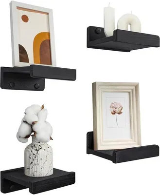 Image de Petites étagères murales en bois noir de 13 cm, lot de 4, pour la salle de bains, le salon, la cuisine