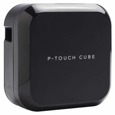 A black P-Touch Cube label maker is shown from a slightly elevated, diagonal angle against a white background.